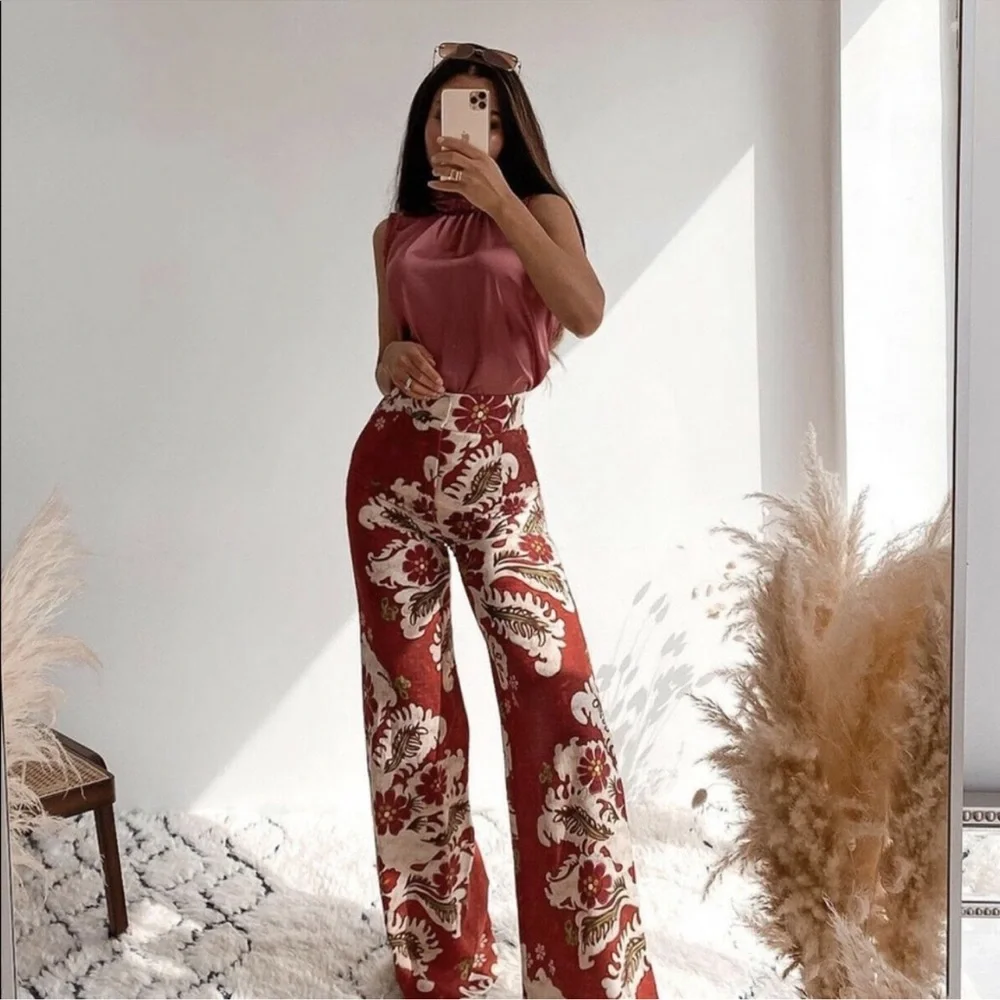 Zara Burgundy Red Tropical Floral High Waisted Linen Blend Wide Leg Long Pants